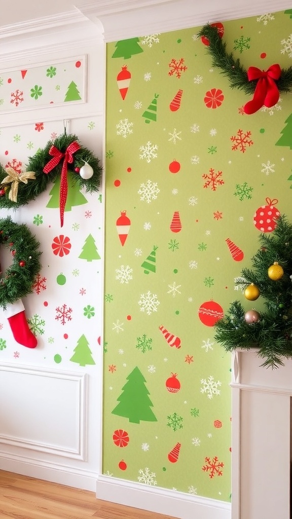 Festive Green and Red Christmas Wallpaper Design A wall decorated with green and red Christmas wallpaper featuring snowflakes and Christmas trees.
